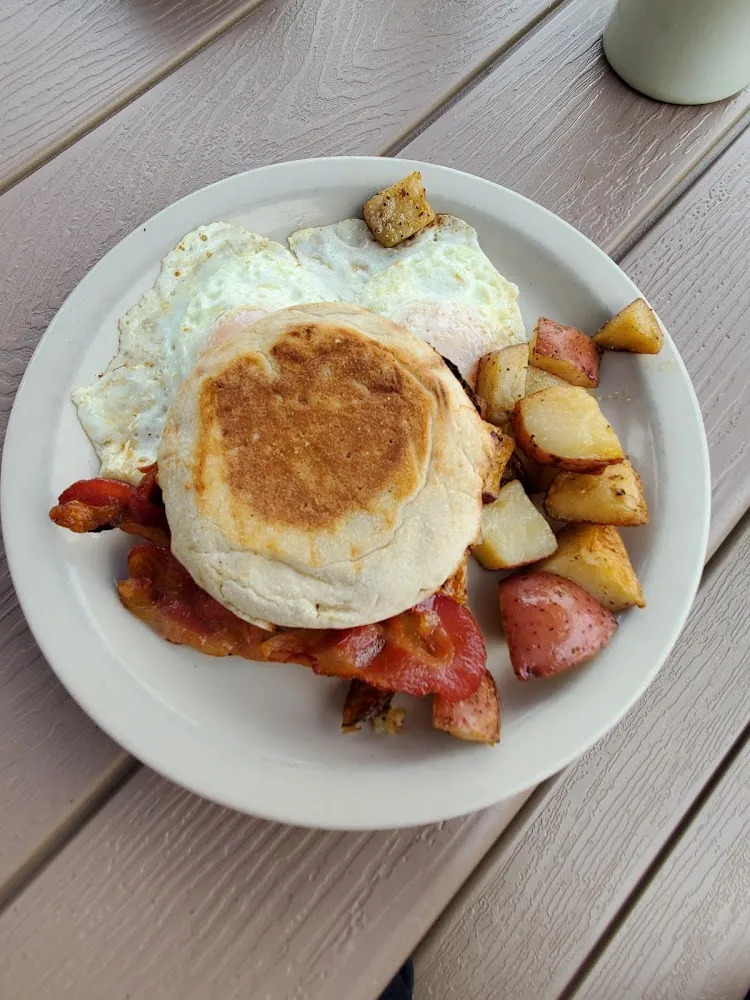 Eggs over Medium Hash Fries Bacon & English Muffin
